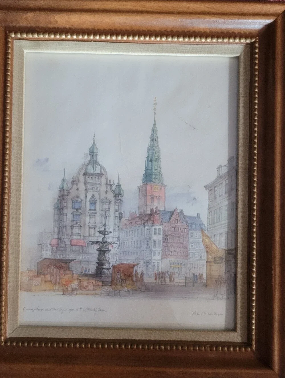 Mid-Century Danish Artist Mads Stage Copenhagen Cityscape Watercolor Print Frame